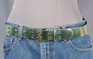 1-3/8" metallic green pleather belt with two rows of small 1/4" metal eyelets, nickel polish double prong roller buckle and plain pleather retainer loop