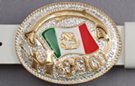 oval belt buckle, Mexican flag and "Mexico" on confetti field