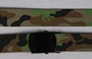 1-1/4" military-style web belt; black, green and olive camouflage on olive drab; shown with nickel polish buckle