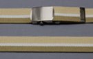 1-1/4" military-style web belt, light and dark beige bands with white center and nickel polish buckle