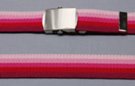 1-1/4" military-style web belt, light to dark red bands with nickel polish buckle
