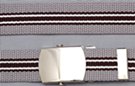 striped military web belt; gray and black with white, nickel polish buckle