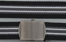 striped military web belt; black and gray with white, antique silver buckle