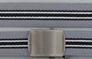 striped military web belt; gray and black with white, nickel polish buckle