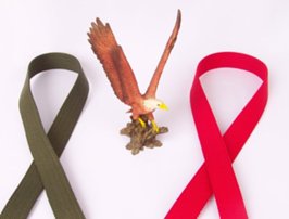 olive and red web belts with eagle statuette