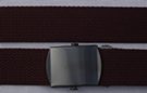 black 1-1/4" military-style web belt, shown with flat black and antique brass buckles