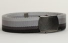 military web belt; graduated grey stripes; shown with black buckle