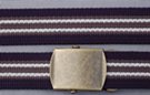 striped military web belt; navy blue and gray with white, antique brass buckle