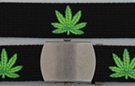 military web belt, single green marijuana leaf pattern on black