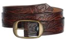 brown embossed medium wide genuine leather belt and buckle