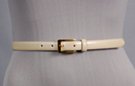 beige 3/4" polished leather dress belt, feathered edge strap and retainer, rectangular gold-tone buckle