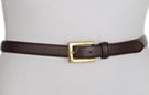 brown 3/4" polished leather dress belt, feathered edge strap and retainer, rectangular gold-tone buckle