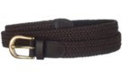 brown narrow braided knitted elastic belt, brass buckle and matching leather tabs