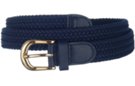 narrow braided knitted elastic belt, navy blue with gold buckle and matching tabs