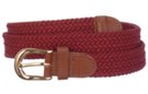 narrow braided knitted elastic stretch belt, wine with brass buckle and leather tabs