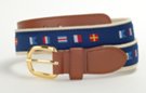 canvas web belt with leather tabs, navy blue ribbon with nautical flags