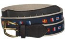 fabric web belt with leather tabs, gold-tone buckle, attached navy blue strip with embroidered maritime signal flags