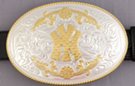 gold Yankee "NY" on silver oval western belt buckle