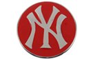 New York belt buckle, chrome on red enamel