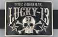 black and chrome "Lucky-13" belt buckle with skull and crossbones
