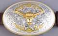 large belt buckle, gold-tone longhorn mounted on chrome oval