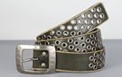 medium wide stitched distressed leather belt perforated with rows of nickel eyelets