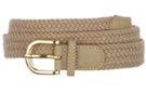 beige narrow braided stretch belt with gold buckle