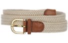 beige and white narrow braided stretch belt with gold buckle