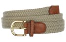 khaki narrow braided stretch belt with gold buckle