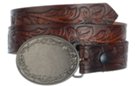 oval western buckle on embossed brown belt strap