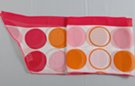 chiffon belt scarf with red, orange and pink disks and circles on white with red border
