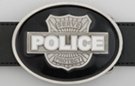 "Police" black and white belt buckle with serve and protect badge