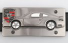 Porsche emblem and race car silhouette on belt buckle