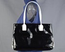 black and white vinyl "shopper" shoulder bag with chrome buckles