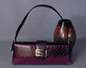 purple synth alligator flap purse, adjustable dark purple strap, zipper top, nickel polish buckles