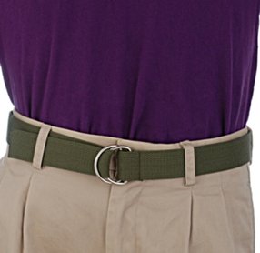 purple polo shirt with olive D-ring belt
