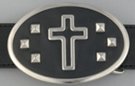 oval black and chrome goth belt buckle, cross and studs on leatherette