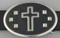 oval black and chrome goth belt buckle, cross and studs on leatherette