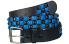 black and blue checkerboard pyramid stud belt with roller buckle