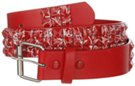red and white pyramid stud belt with roller buckle