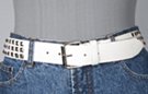 white 1-1/2" leather strap belt with triple row of pyramid metal studs, rectangular roller buckle and leather retainer