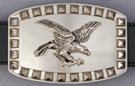 rectangular belt buckle with eagle on chrome, pyramid studs border