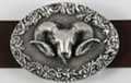 oval pewter belt buckle, big horn sheep skull on wood texture with leaf work