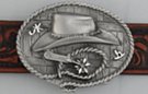 cowboy hat, spurs and lariat ranchers pewter belt buckle