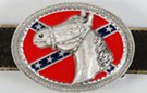 oval belt buckle, pewter horse head profile over stars and bars
