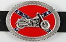 red, blue and pewter oval belt buckle with 3-D motorcycle on rebel flag