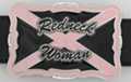 rectangular enameled pewter belt buckle with "Redneck Woman" over rebel flag