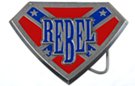 red and blue rebel flag with "REBEL" on superman shield buckle