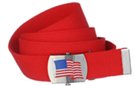 USA flag buckle on red web belt