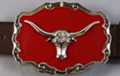 belt buckle, nickel polish bull on red enamel field, oblong with western scroll edge work